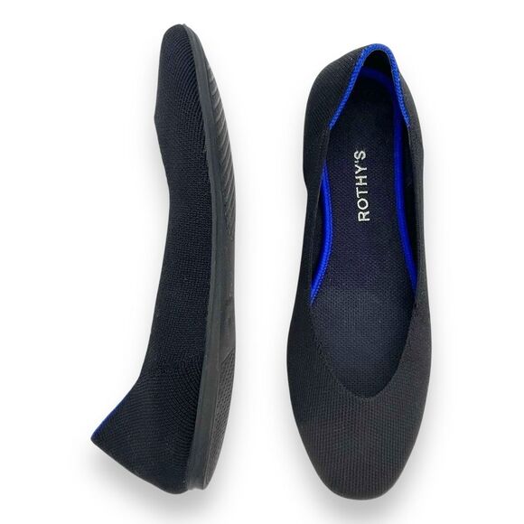 Rothy’s The Flat in Solid Black With Royal Blue Trim Recycled Textile Size 9.5 - Picture 1 of 16